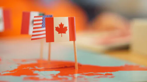 Selective focus shot of North American country flag pins pinned on a flat map